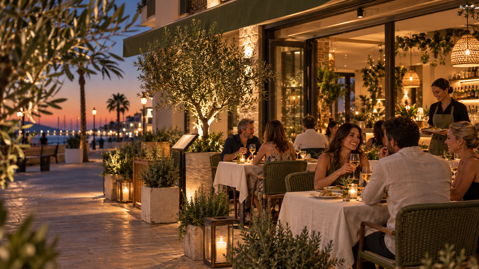 A warmly lit Mediterranean restaurant terrace at sunset